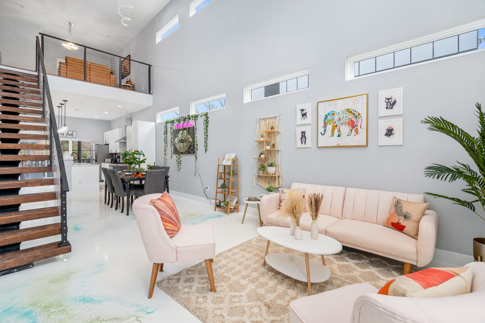 Living and dining area with a decorative epoxy floor finish
